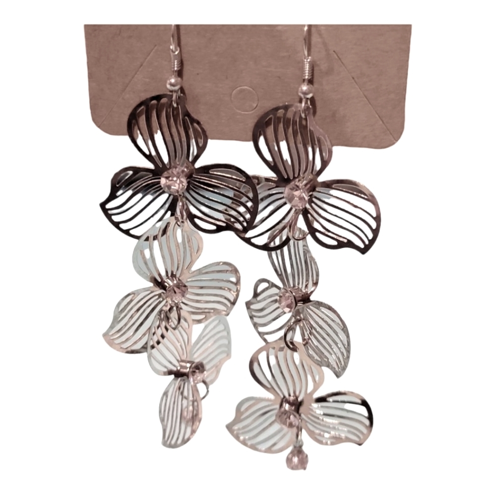 Silver flower dangle/drop earrings with hook back